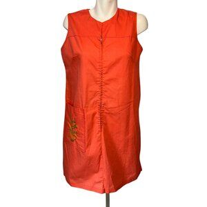 Vtg 60s Coral Pink House Dress Front Zip Floral Embroidery Medium 100% Cotton